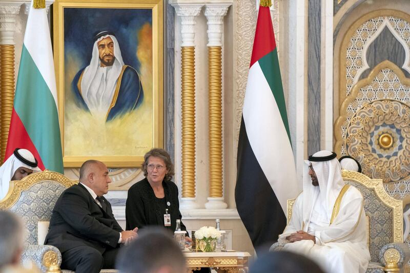 ABU DHABI, UNITED ARAB EMIRATES - October 21, 2018: HH Sheikh Mohamed bin Zayed Al Nahyan, Crown Prince of Abu Dhabi and Deputy Supreme Commander of the UAE Armed Forces (R) meets with HE Boyko Borissov, Prime Minister of Bulgaria (L), at Presidential Palace.

( Mohamed Al Hammadi / Crown Prince Court - Abu Dhabi )
---