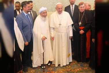 Sheikh Abdullah bin Bayyah, chairman of the UAE Fatwa Council, met Pope Francis in the Vatican City. Courtesy Wam