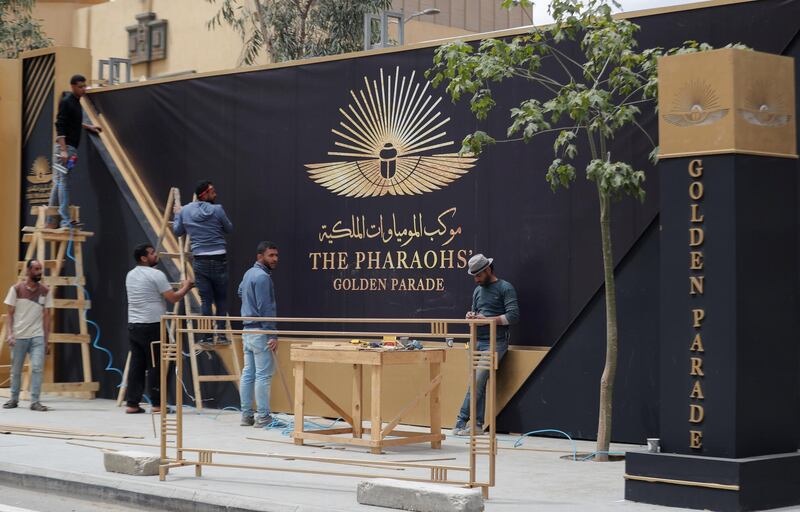 Workers prepare for transferring 22 mummies from the Egyptian Museum in Tahrir to the National Museum of Egyptian Civilization in Fustat, amidst the outbreak of coronavirus disease (COVID-19), in Cairo, Egypt, April 1, 2021. REUTERS/Mohamed Abd El Ghany