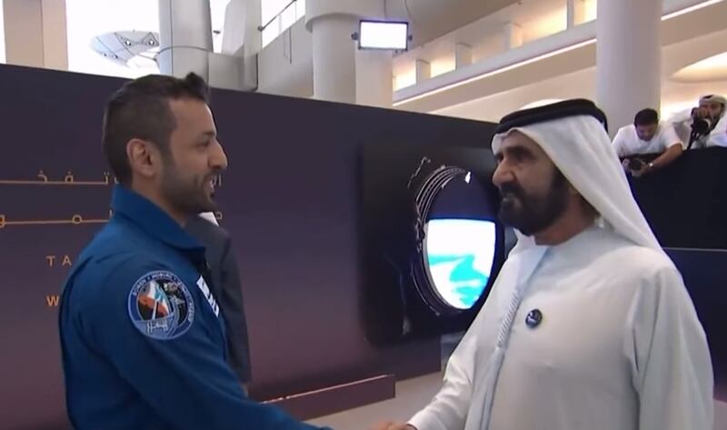 Dr Al Neyadi is greeted by Sheikh Mohammed bin Rashid, Vice President and Ruler of Dubai. Photo: @MBRSpaceCentre / X