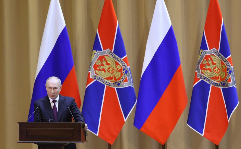 Russian President Vladimir Putin speaks at a meeting of security chiefs. EPA