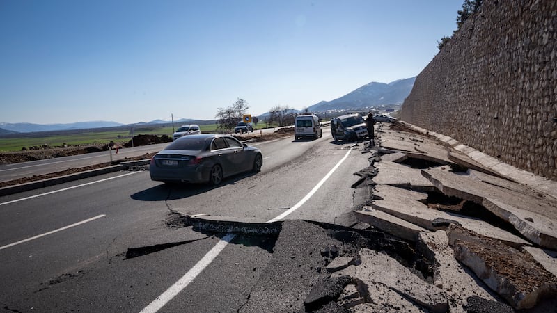 Fissures from the earthquake have crumpled the highway near Islahiyeh in Southern Turkey. Matt Kynaston / The National