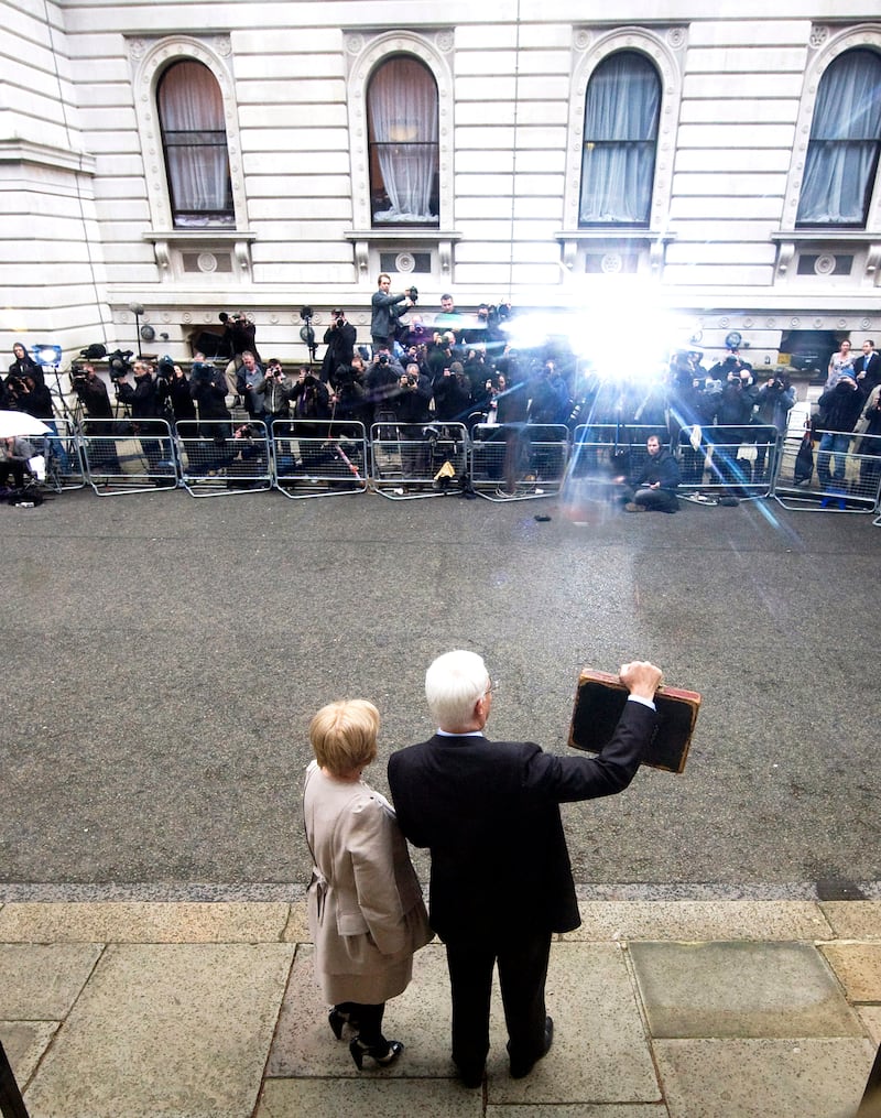 Alistair Darling stands with his wife Margaret as he prepares to deliver his final Budget before the 2010 general election