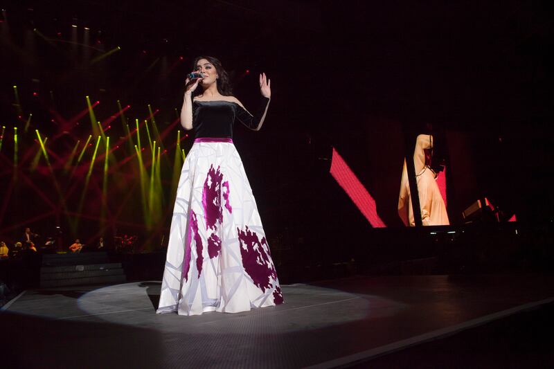 ABU DHABI, UNITED ARAB EMIRATES, 26 NOVEMBER 2015. Aryam, Emirati Singer and Songwriter performing at Yas Arena for the opening night of the F1 GP entertainment. (Photo: Antonie Robertson/The National) ID: 96719. Journalist: Saeed Saeed. Section: Business. *** Local Caption ***  AR_2611_Aryan_F1_Concert-27.JPG