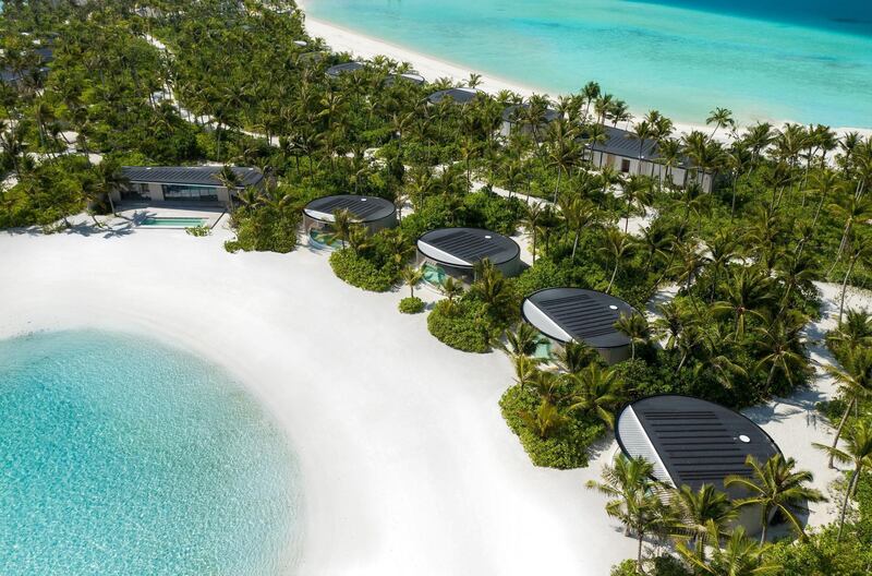 Circular-shaped villas and bays at The Ritz-Carlton Maldives, Fari Islands.