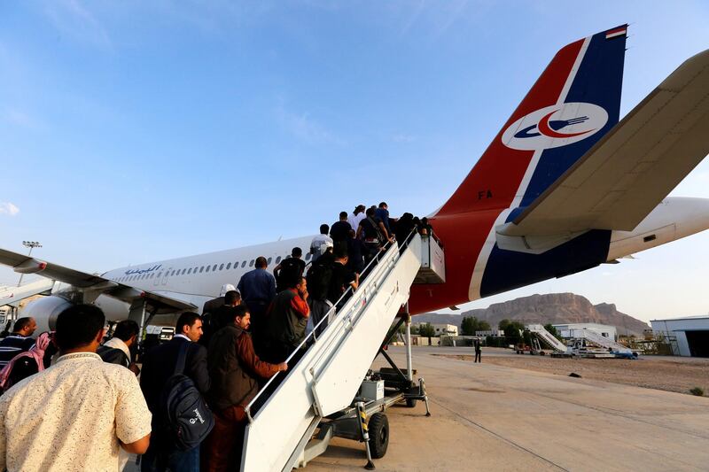 Passengers board an Airbus A320 aircraft of Yemenia airways at Seiyun airport, the southeast province of Hadramout, Yemen. EPA