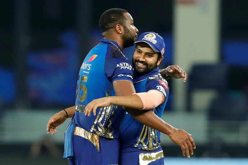 The Mumbai Indians celebrating the win during the qualifier 1 match of season 13 of the Dream 11 Indian Premier League (IPL) between the Mumbai Indians and the Delhi Capitals held at the Dubai International Cricket Stadium, Dubai in the United Arab Emirates on the 5th November 2020.  Photo by: Saikat Das  / Sportzpics for BCCI