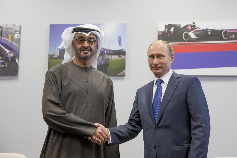 Sheikh Mohammed bin Zayed and Vladimir Putin pictured at the Russian Grand Prix in 2015. Mohammed Al Hammadi / Crown Prince Court – Abu Dhabi/ file photo