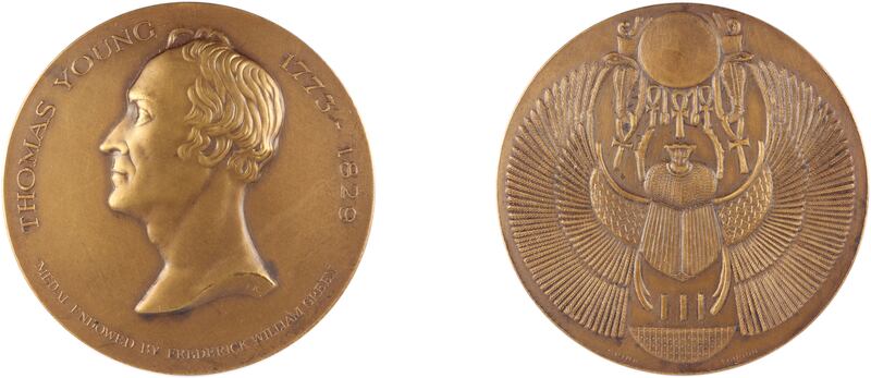 An image of Dr Thomas Young (1773-1829) on a copper medal. Young was instrumental in the decipherment of Egyptian hieroglyphs, specifically the Rosetta Stone. Photo: The Trustees of the British Museum