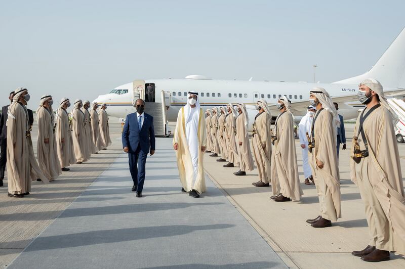 Sheikh Shakhbout bin Nahyan, Minister of State, receives Somalia's President Hassan Sheikh Mohamud at the Presidential Airport in Abu Dhabi. Photo: Ministry of Presidential Affairs