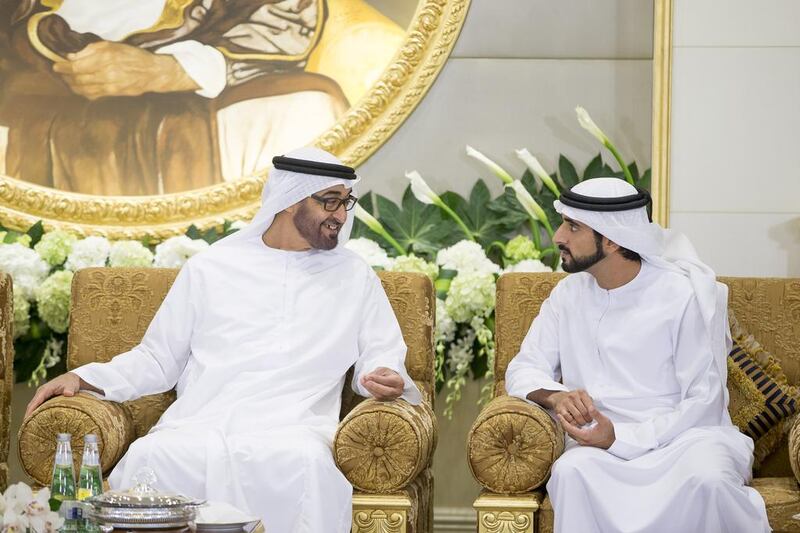 Sheikh Mohammed bin Zayed speaks with Sheikh Hamdan bin Mohamed, Crown Prince of Dubai. Mohamed Al Hammadi / Crown Prince Court — Abu Dhabi