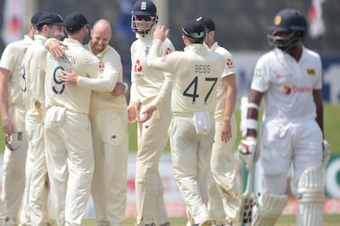 Jack Leach celebrates the wicket of Lahiru Thirimanna, during Day 4 of the Sri Lanka vs England test cricket match.
