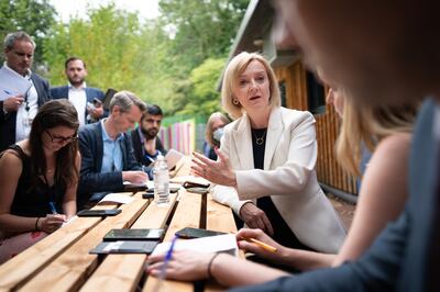 Liz Truss speaks to the press during a visit to Peterborough. PA