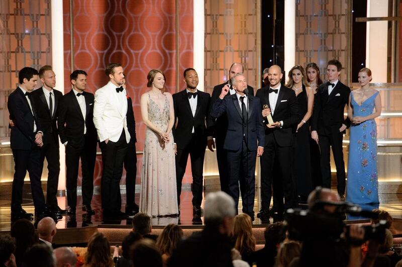 The cast and crew of La La Land accept the award for Best Motion Picture - Musical or Comedy during the Golden Globe Awards. EPA