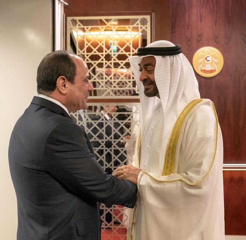 ABU DHABI, UNITED ARAB EMIRATES - November 13, 2019: HH Sheikh Mohamed bin Zayed Al Nahyan, Crown Prince of Abu Dhabi and Deputy Supreme Commander of the UAE Armed Forces (R) receives HE Abdel Fattah El Sisi, President of Egypt (L), at the Presidential Airport.

( Hamad Al Kaabi / Ministry of Presidential Affairs )
---