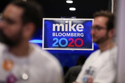 A campaign sign for Democratic presidential candidate Michael Bloomberg is seen between his supporters gathering to watch him participate in the Democratic presidential debate, at his campaign office in the Brooklyn borough of New York City, New York, U.S., February 19, 2020.