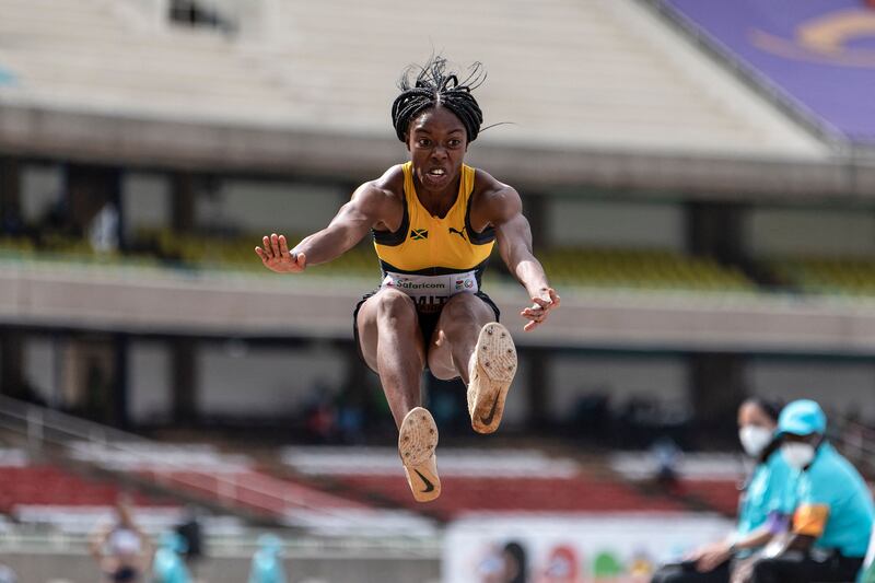 Jamaica's Ackelia Smith jumps in the final of the women's triple jump during the U20 World Athletics Championships at the Kasarani Stadium in Nairobi on Friday, August 20. AFP