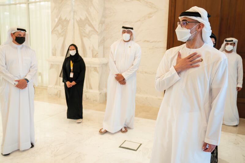 Sheikh Khaled bin Mohamed tours the Expo 2020 Dubai site. There, he met team members and reviewed preparations for the event.