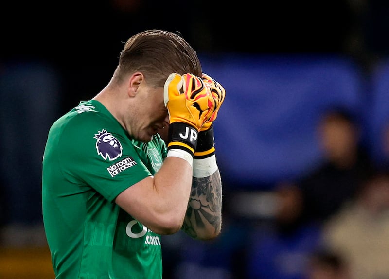 EVERTON RATINGS: Nightmare evening for England keeper. Conceded six, should have done better than parrying straight to Palmer for second goal while disastrous pass out from back gifted Chelsea attacker his third. Reuters

