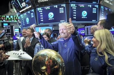 Richard Branson, founder of Virgin Galactic, on the floor of the New York Stock Exchange to promote the first day of trading of Virgin Galactic Holdings shares. The move may help to create a multi-trillion dollar space sector in the US stock markets. Getty Images