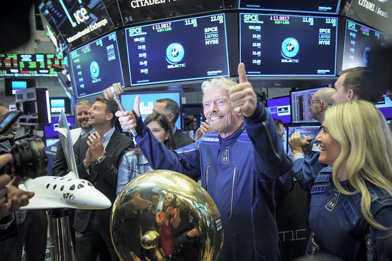 NEW YORK, NY - OCTOBER 28: Â Sir Richard Branson, Founder of Virgin Galactic, gives the thumbs up after ringing a ceremonial bell on the floor of the New York Stock Exchange (NYSE) to promote the first day of trading of Virgin Galactic Holdings shares on October 28, 2019 in New York City. Virgin Galactic Holdings became the first space-tourism company to go public as it began trading on Monday with a market value of about $1 billion. (Photo by Drew Angerer/Getty Images)