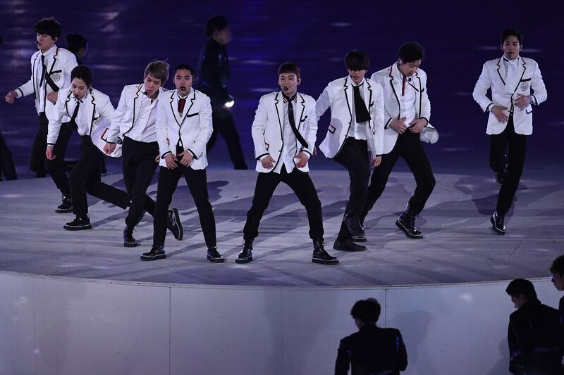 PYEONGCHANG-GUN, SOUTH KOREA - FEBRUARY 25:  Band EXO perform during the Closing Ceremony of the PyeongChang 2018 Winter Olympic Games at PyeongChang Olympic Stadium on February 25, 2018 in Pyeongchang-gun, South Korea.  (Photo by David Ramos/Getty Images)