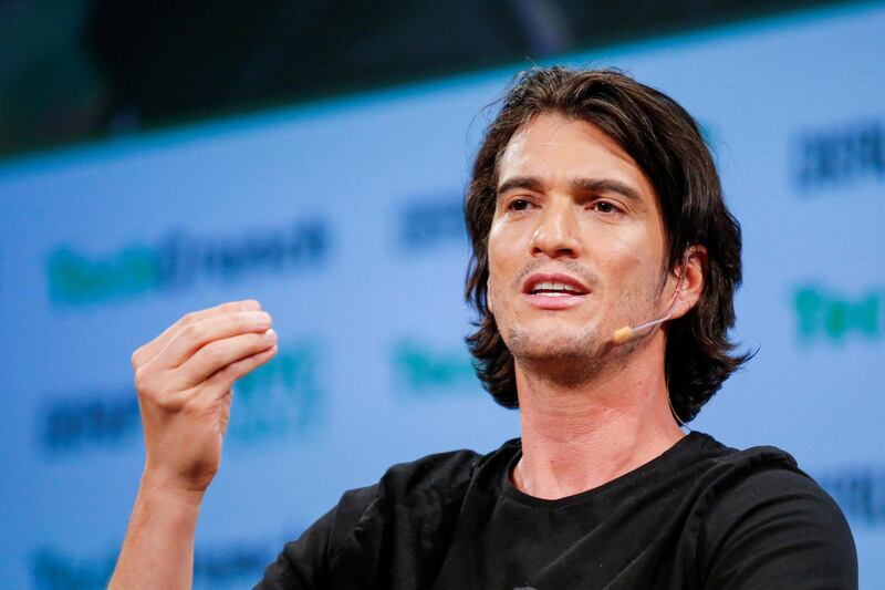 FILE PHOTO: Adam Neumann, CEO of WeWork, speaks to guests during the TechCrunch Disrupt event in Manhattan, in New York City, NY, U.S. May 15, 2017. REUTERS/Eduardo Munoz - RC1797D4F8D0/File Photo