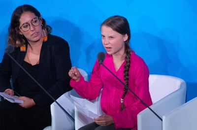 epa07864988 Greta Thunberg, a 16-years-old climate activist from Sweden, addresses world leaders at the start of the 2019 Climate Action Summi,t which is being held in advance of the General Debate of the General Assembly of the United Nations, at United Nations headquarters in New York, USA, 23 September 2019. World Leaders have been invited to speak at the event, which was organized by the United Nations Secretary-General Antonio Guterres, for the purpose of proposing plans for addressing global climate change.  EPA/HAYOUNG JEON