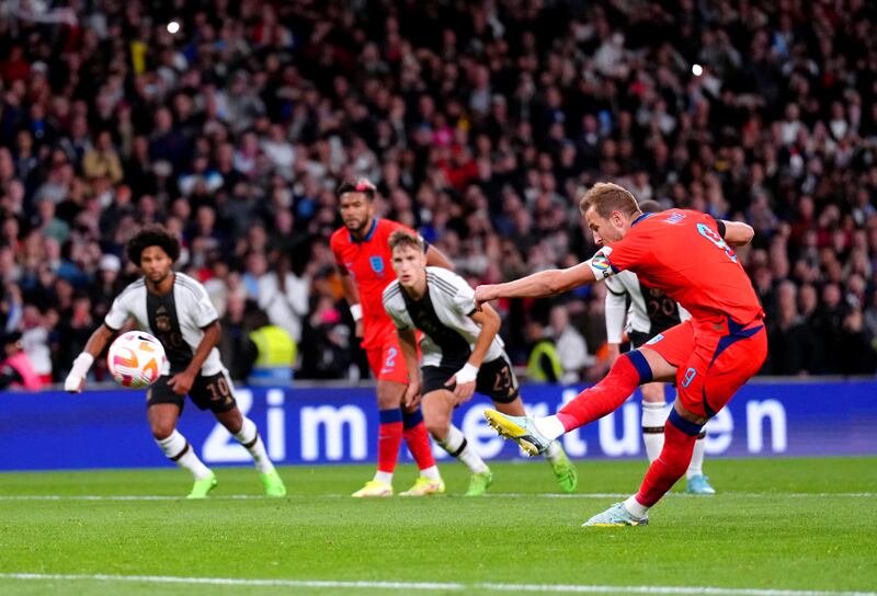 Harry Kane scores his penalty to put England 3-2 in front. PA