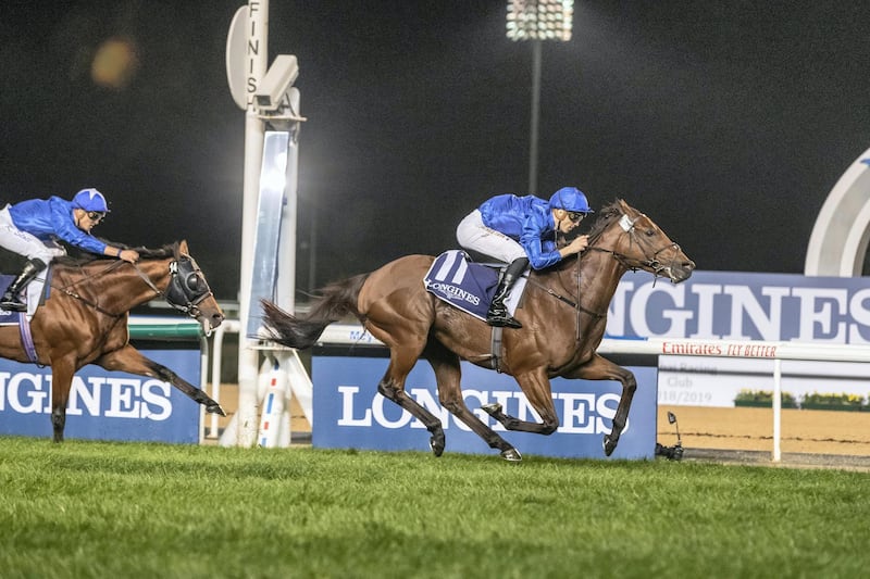DUBAI, UNITED ARAB EMIRATES.  03 JANUARY 2019. 1st Meeting of the Dubai World Cup Carnival at Meydan. Race 5, Singspiel Stakes, winner nr 11 Dream Castle (GB)  5 yrs old ridden by Christophe Soumillon and trained by Saeed bin Suroor. (Photo: Antonie Robertson/The National) Journalist: Amith Passela. Section: Sport.