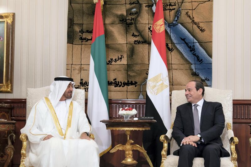 CAIRO, EGYPT - May 15, 2019: HH Sheikh Mohamed bin Zayed Al Nahyan Crown Prince of Abu Dhabi Deputy Supreme Commander of the UAE Armed Forces (L), meets with HE Abdel Fattah El-Sisi President of Egypt (R), at Cairo.

( Mohamed Al Hammadi / Ministry of Presidential Affairs )
---