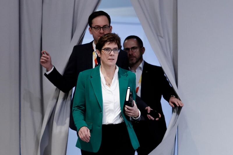 In this Saturday, Dec. 8, 2018 file photo, CDU party chairwoman Annegret Kramp-Karrenbauer enters the podium during a party convention of the Christian Democratic Party CDU in Hamburg, Germany. The leader of German Chancellor Angela Merkel's party is backing French President Emmanuel Macronâ€™s call for a stronger European Union. (AP Photo/Markus Schreiber)