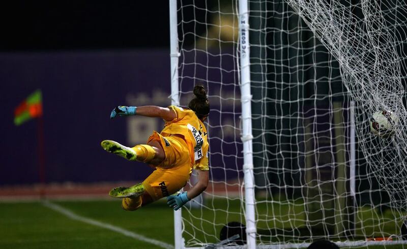 Brianna Davey of Melbourne City Women’s FC fails to stop the goal of Steph Houghton, Captain of Manchester City Women’s FC during the Fatima Bint Mubarak Ladies Sports Academy Challenge between Melbourne City Women and Manchester City Women at New York University Abu Dhabi Campus on February 17, 2016 in Abu Dhabi, United Arab Emirates. Warren Little/Getty Images