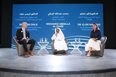 Dr Chris Dold, SeaWorld Parks & Entertainment chief zoological officer, Mohamed Al Zaabi, chief executive of Miral, and Dr Elise Marquis of Yas SeaWorld Research & Rescue Abu Dhabi during a panel discussion. Photo: Yas SeaWorld Research & Rescue Abu Dhabi