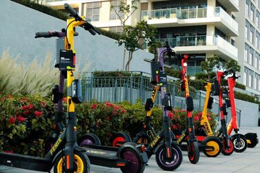 A line of Fenix scooters. The UAE-based start-up says it will have the biggest fleet of of e-scooters that have been "purpose-built for continuous shared use". Image courtesy of Fenix