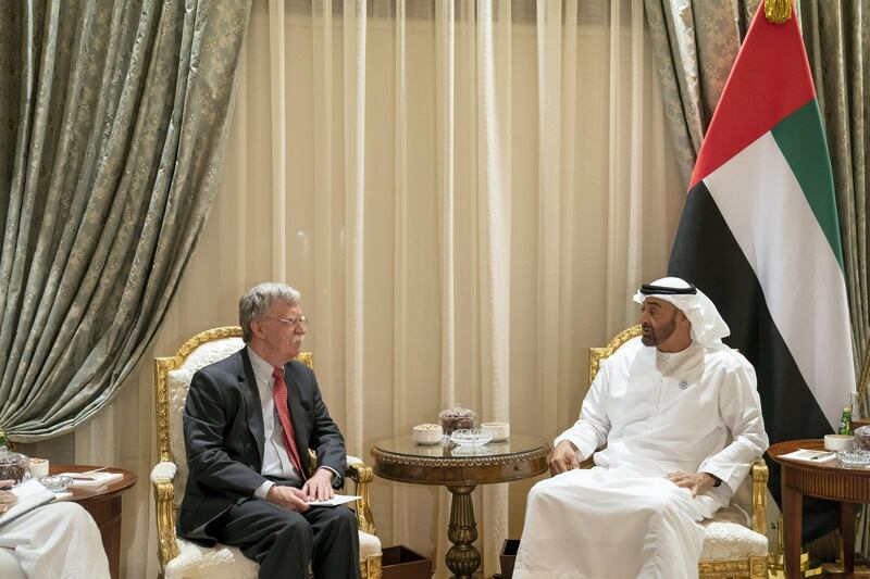 ABU DHABI, UNITED ARAB EMIRATES - November 12, 2018: HH Sheikh Mohamed bin Zayed Al Nahyan, Crown Prince of Abu Dhabi and Deputy Supreme Commander of the UAE Armed Forces (R), meets with HE John Bolton, National Security Advisor of the United States of America (L), at Al Shati Palace.

( Mohamed Al Hammadi / Ministry of Presidential Affairs )
---