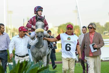 Jaci Wickham, right, alongside her winner Marwa W’Rsan with Sam Hitchcott in the saddle. Courtesy Abu Dhabi Equestrian Club