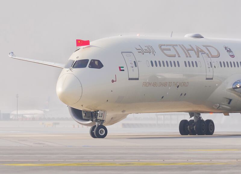 An Etihad flight arriving at Beijing Daxing International Airport. Photo: Etihad
