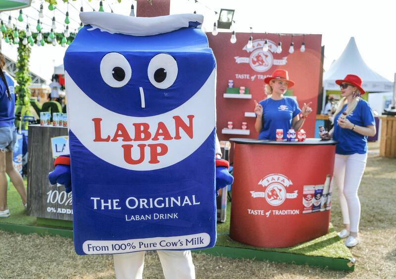 Abu Dhabi, United Arab Emirates, November 9, 2019.  
Taste of Abu Dhabi at the Du Arena.  
-- Laban Up mascot at the food fair.
Victor Besa/The National
Section:  NA
Reporter:  '