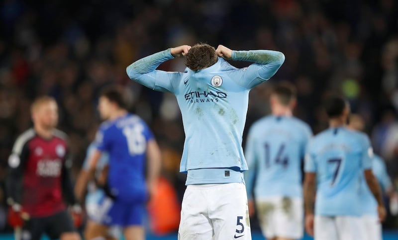 Soccer Football - Premier League - Leicester City v Manchester City - King Power Stadium, Leicester, Britain - December 26, 2018  Manchester City's John Stones looks dejected at the end of the match   Action Images via Reuters/Carl Recine  EDITORIAL USE ONLY. No use with unauthorized audio, video, data, fixture lists, club/league logos or "live" services. Online in-match use limited to 75 images, no video emulation. No use in betting, games or single club/league/player publications.  Please contact your account representative for further details.