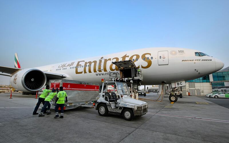 Aid destined for Kerala, India, being loaded onto an Emirates cargo plane. The goods have been donated by people in the UAE. Courtesy Emirates SkyCargo