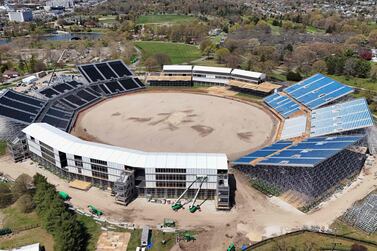 EAST MEADOW, NEW YORK - APRIL 22: In an aerial view, construction continues on the Nassau County International Cricket Stadium at Eisenhower Park on April 22, 2024 in East Meadow, New York.  The site will be the host to the ICC World Cup 2024 in June of this year.    Bruce Bennett / Getty Images / AFP (Photo by BRUCE BENNETT  /  GETTY IMAGES NORTH AMERICA  /  Getty Images via AFP)