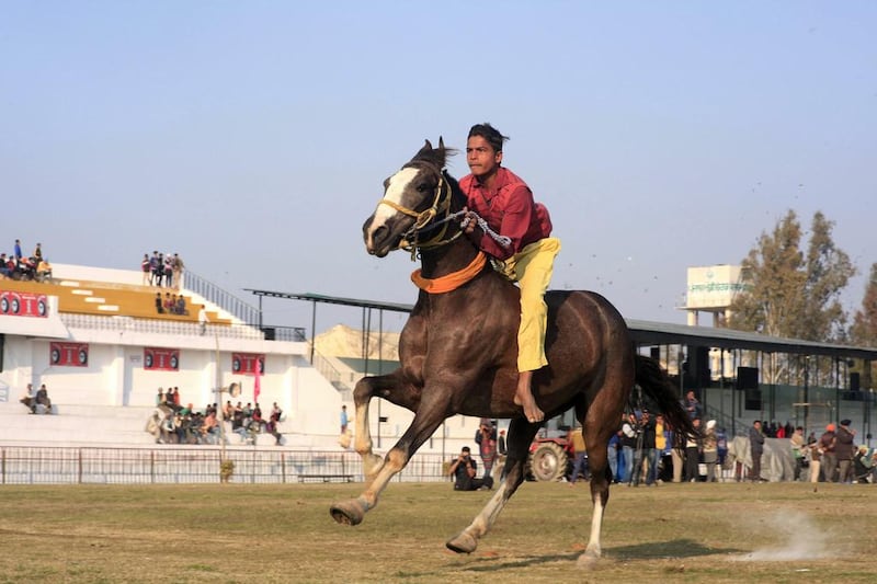 A participant at the horse racing event at the Kila Raipur Rural Sports festival.