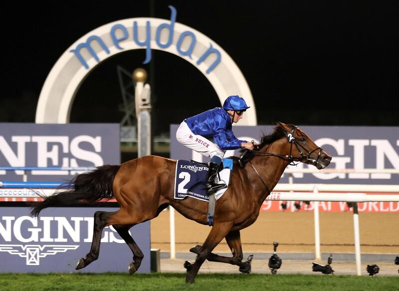 Dubai, United Arab Emirates - March 30, 2019: Old Persian ridden by William Buick wins the Dubai Sheema Classic during the Dubai World Cup. Saturday the 30th of March 2019 at Meydan Racecourse, Dubai. Chris Whiteoak / The National