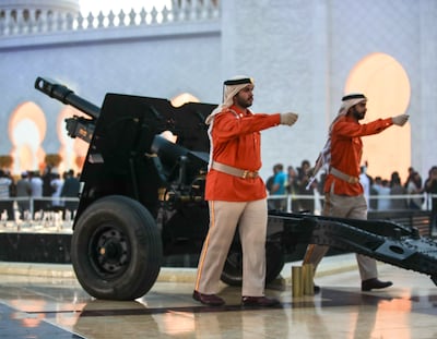 A cannon at Sheikh Zayed Grand Mosque is fired to mark the end of the day's fasting. Victor Besa / The National