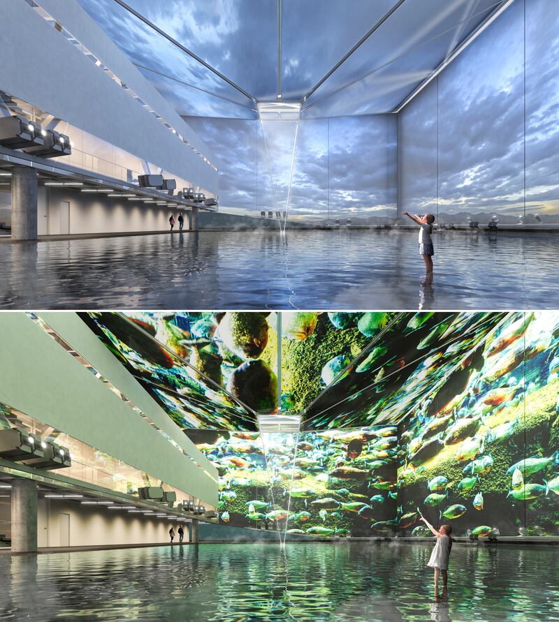 Visitors can walk in ankle-deep water around Brazil's pavilion and watch videos and photographs of the Amazon rainforest.