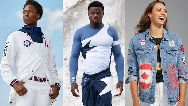 From left to right: outfits to be worn by Team USA, Team Liberia and Team Canada. Courtesy Ralph Lauren, Telfar Global and Hudson's Bay.
