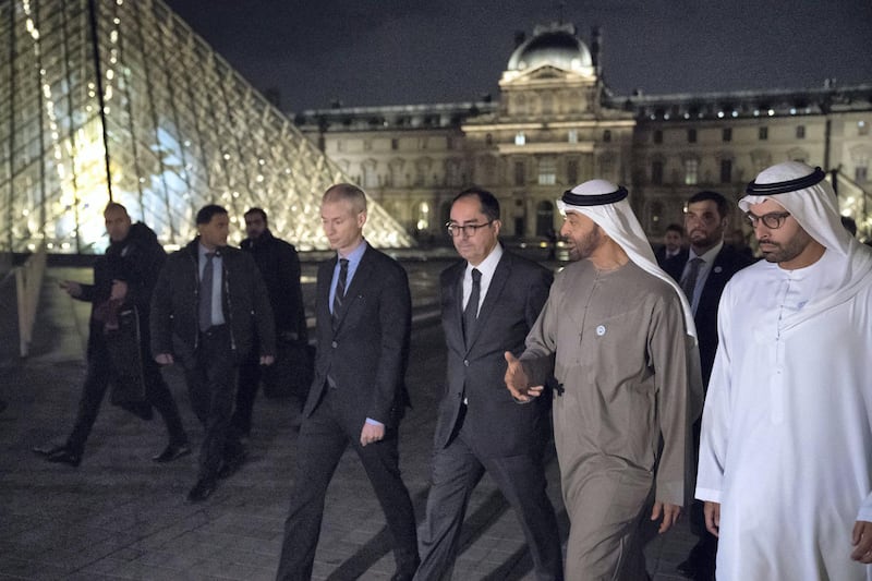 PARIS, FRANCE -November 21, 2018: HH Sheikh Mohamed bin Zayed Al Nahyan, Crown Prince of Abu Dhabi and Deputy Supreme Commander of the UAE Armed Forces (), visits the Louvre Museum in Paris.

( Hamad Al Mansoori / Ministry of Presidential Affairs )
---