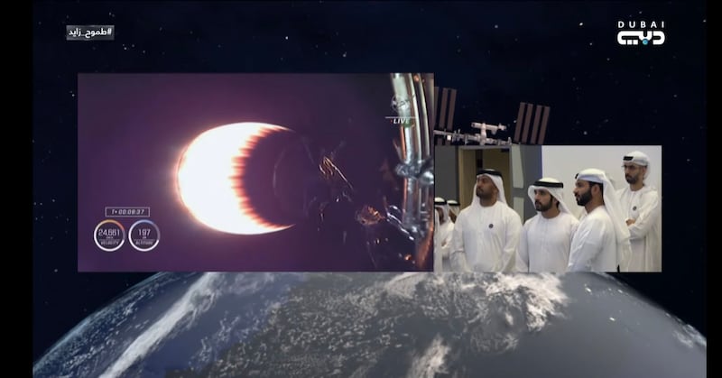Sheikh Hamdan watches as the rocket carrying Dr Al Neyadi makes its way. Photo: Dubai Media Office
