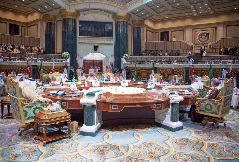 epa07219613 A handout photo made available by the Saudi Royal Court shows a general view of the 39th Gulf Cooperation Council (GCC) annual summit, in Riyadh, Saudi Arabia, 09 December 2018. The one-day annual GCC summit gathers leaders from the six member states (Oman, Qatar, Bahrain, Kuwait, Saudi Arabia, and the United Arab Emirates) is expected to discuss security and unity of its nations, amid 18 month of falling between Saudi Arabia, Bahrain, and UAE from one side, and Qatar from another side after the formers cut diplomatic and economic ties with Qatar in June 2017. Qatar will be represented by Sultan bin Saad Al Muraikhi, the country's Minister of State for Foreign Affairs after Saudi King Salman invited Qatari Emir Tamim bin Hamad Al Thani to attend the summit.  EPA/BANDAR ALGALOUD / SAUDI ROYAL COURT HANDOUT  HANDOUT EDITORIAL USE ONLY/NO SALES